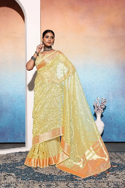 NOZ2TOZ Women's Party Wear Embroidery Worked Tissue Cotton Silk Saree With Unstitched Blouse - Yellow Embroidered Cotton Blouse NOZ2TOZ Women's Party Wear Embroidery Worked Tissue Cotton Silk Saree With Unstitched Blouse - Yellow Embroidered Cotton Blouse