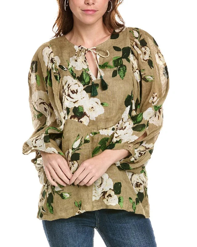 Samantha Sung Linen Blouse Chic Ruffle Blouse