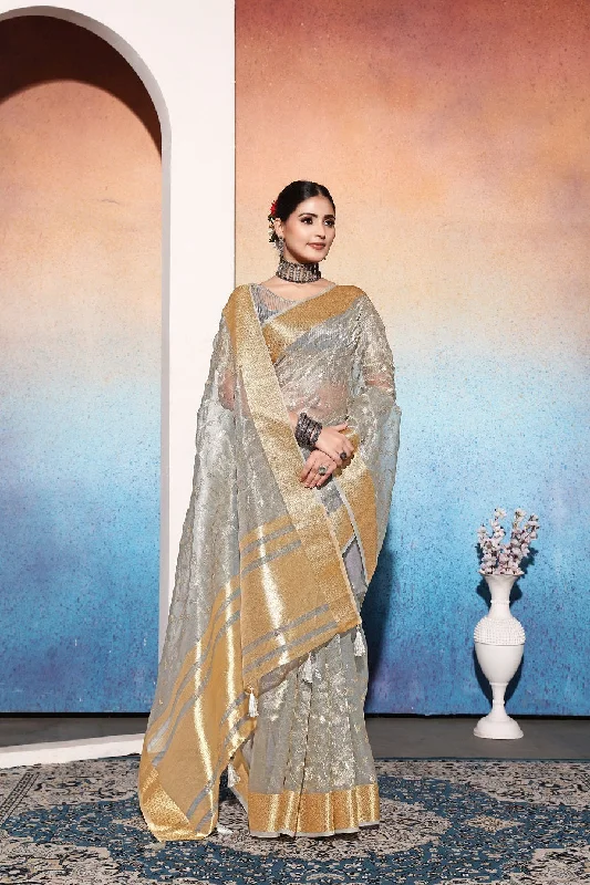 NOZ2TOZ Women's Party Wear Embroidery Worked Tissue Cotton Silk Saree With Unstitched Blouse - Grey Romantic Lace Blouse NOZ2TOZ Women's Party Wear Embroidery Worked Tissue Cotton Silk Saree With Unstitched Blouse - Grey Romantic Lace Blouse