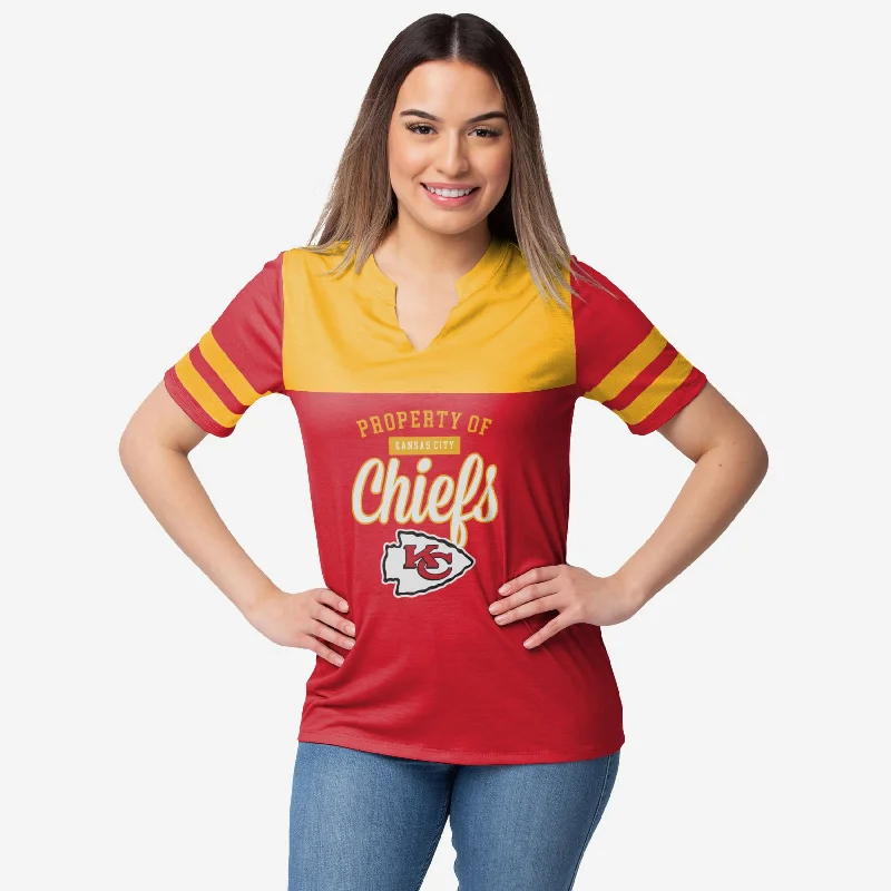 Kansas City Chiefs Womens Team Stripe Property Of V-Neck T-Shirt-- Mesh Fabric Canvas Fabric Denim Fabric Kansas City Chiefs Womens Team Stripe Property Of V-Neck T-Shirt-- Mesh Fabric Canvas Fabric Denim Fabric