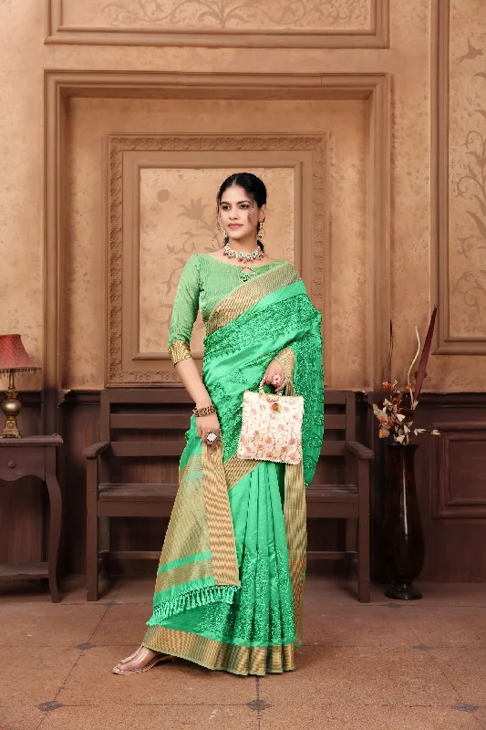 NOZ2TOZ Women's Party Wear Embroidery Worked Cotton Saree With Unstitched Blouse - Green Satin Drape Blouse NOZ2TOZ Women's Party Wear Embroidery Worked Cotton Saree With Unstitched Blouse - Green Satin Drape Blouse
