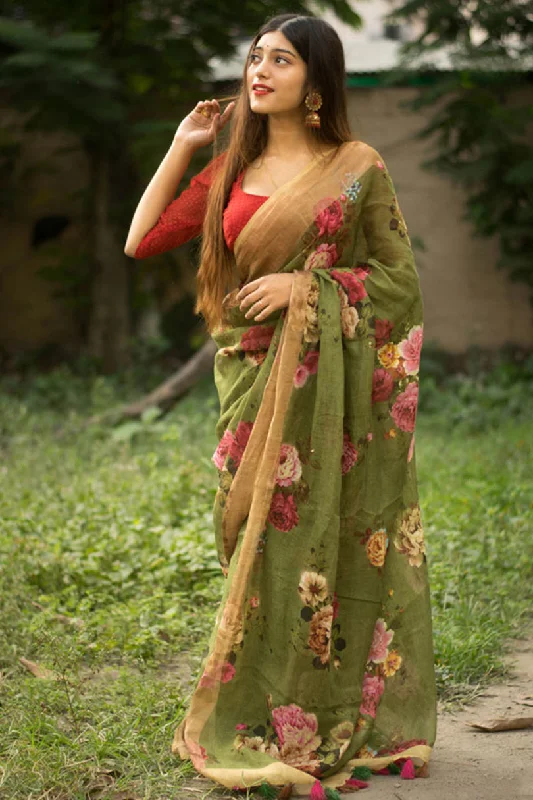 Sonakshi Green Digital Printed Munnar Slub Designer Saree with Blouse Delicate Pleat Blouse