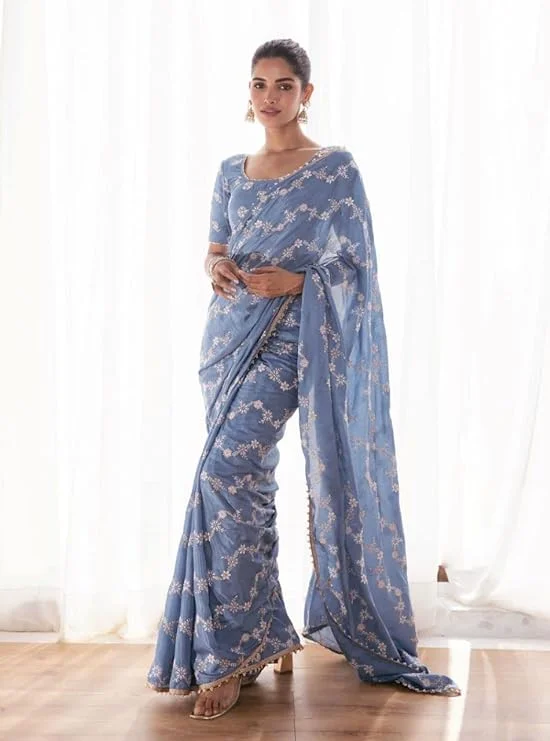 NOZ2TOZ Women's Party Wear Sequence Embroidery Worked Georgette Saree With Unstitched Blouse - Blue Floral Chiffon Blouse NOZ2TOZ Women's Party Wear Sequence Embroidery Worked Georgette Saree With Unstitched Blouse - Blue Floral Chiffon Blouse