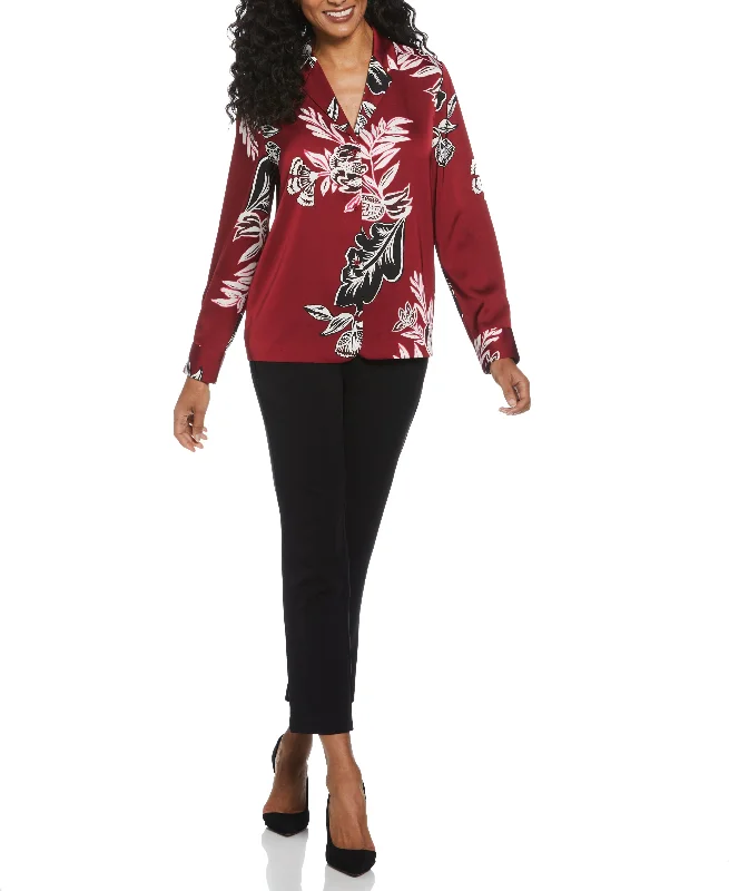 Floral Print Shine Satin Blouse Mandarin Collar Blouse
