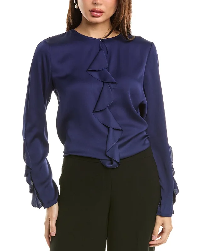 Elie Tahari Satin Ruffle Silk-Blend Blouse Subtle Shimmer Blouse