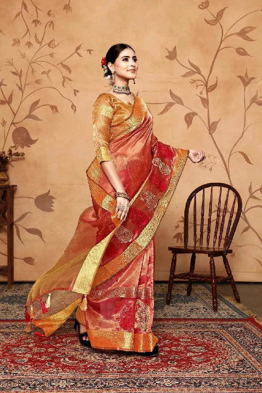 NOZ2TOZ Women's Party Wear Embroidery Worked Tissue Cotton Silk Saree With Unstitched Blouse - Red Lightweight Floral Blouse NOZ2TOZ Women's Party Wear Embroidery Worked Tissue Cotton Silk Saree With Unstitched Blouse - Red Lightweight Floral Blouse