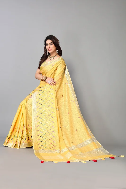 NOZ2TOZ Women's Party Wear Thread Embroidered Linen Cotton Saree With Unstitched Blouse - Yellow Sheer Mesh Blouse NOZ2TOZ Women's Party Wear Thread Embroidered Linen Cotton Saree With Unstitched Blouse - Yellow Sheer Mesh Blouse