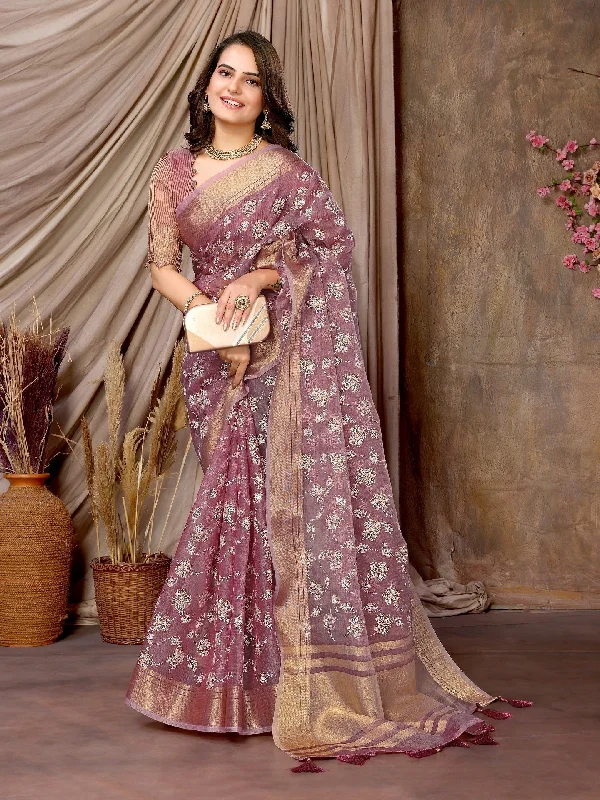 NOZ2TOZ Women's Party Wear Foil Print Khadi Silk Saree With Unstitched Blouse - Wine Subtle Shimmer Blouse NOZ2TOZ Women's Party Wear Foil Print Khadi Silk Saree With Unstitched Blouse - Wine Subtle Shimmer Blouse