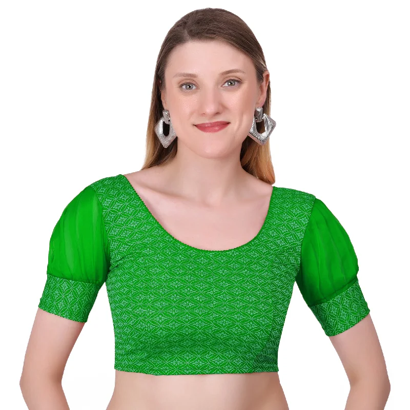 Vamika Heavy Double Phase Fabric Green Balloon Sleeves Blouse Asymmetric Hem Blouse