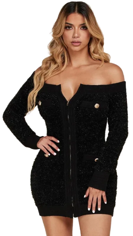 LUREX OFF THE SHOULDER SQUARE KNIT MINI DRESS Fashionable Polka Dot Mini Dress
