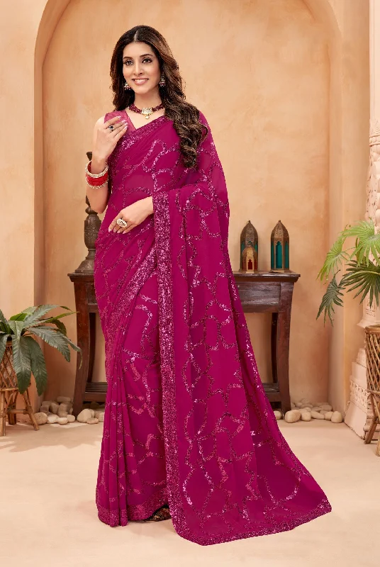 Sonakshi Women's Pink Faux Blooming Sequins Work Designer Saree with Blouse Flowy Bohemian Blouse Sonakshi Women's Pink Faux Blooming Sequins Work Designer Saree with Blouse Flowy Bohemian Blouse