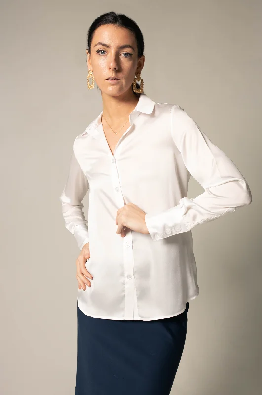 Elegance Silk Blouse in White Casual Relaxed Fit Blouse
