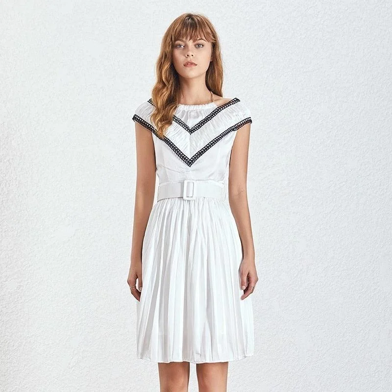 White V Neck Sleeveless High Waist Belt Mini Dress Chic Sleeveless Mini Dress