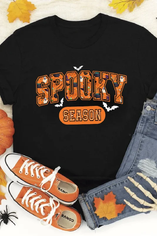 Black SPOOKY SEASON Graphic Halloween T Shirt-- Welt Pockets Slit Pockets Flap Pockets