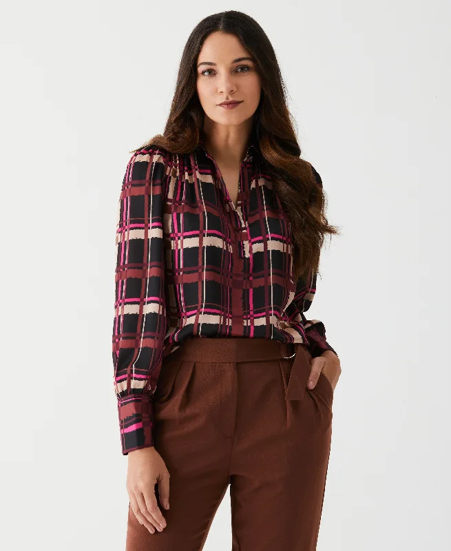 Petite Plaid Shirred Split Neck Blouse Peter Pan Collar Blouse