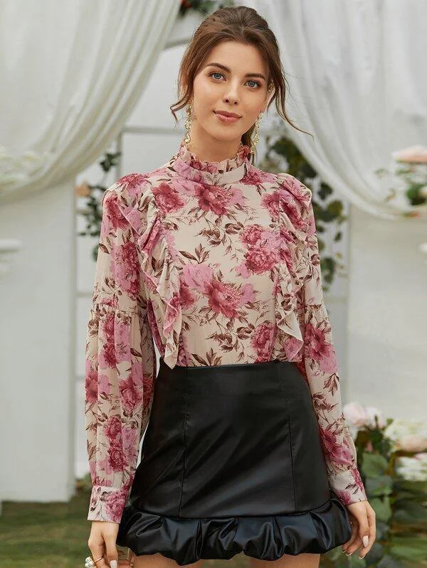 Floral Print Ruffle Trim Blouse Classic White Blouse