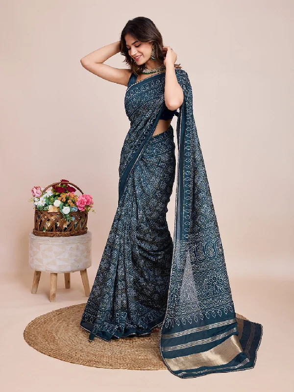 NOZ2TOZ Women's Party Wear Jari Weaving Pallu Semi Cotton Saree With Unstitched Blouse - Petrol Green Chic Wrap Blouse NOZ2TOZ Women's Party Wear Jari Weaving Pallu Semi Cotton Saree With Unstitched Blouse - Petrol Green Chic Wrap Blouse