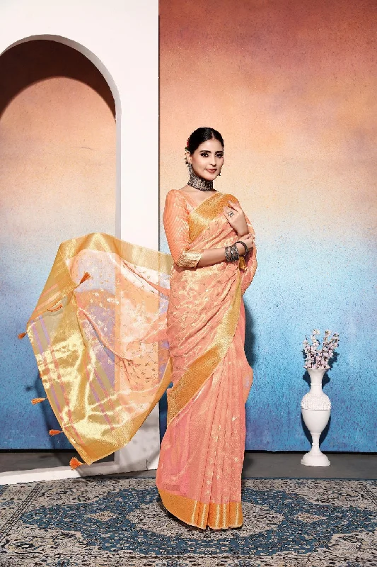 NOZ2TOZ Women's Party Wear Embroidery Worked Tissue Cotton Silk Saree With Unstitched Blouse - Pink Soft Knit Blouse NOZ2TOZ Women's Party Wear Embroidery Worked Tissue Cotton Silk Saree With Unstitched Blouse - Pink Soft Knit Blouse