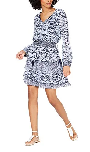 Michael Michael Kors Womens Petites Printed Tiered Mini Dress Navy P/S Comfortable Shift Mini Dress