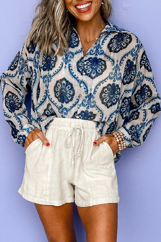 Blue Tribal Pattern Buttoned Front Loose Shirt-- Notch Collar Peter Pan Collar Cowl Neck Blue Tribal Pattern Buttoned Front Loose Shirt-- Notch Collar Peter Pan Collar Cowl Neck