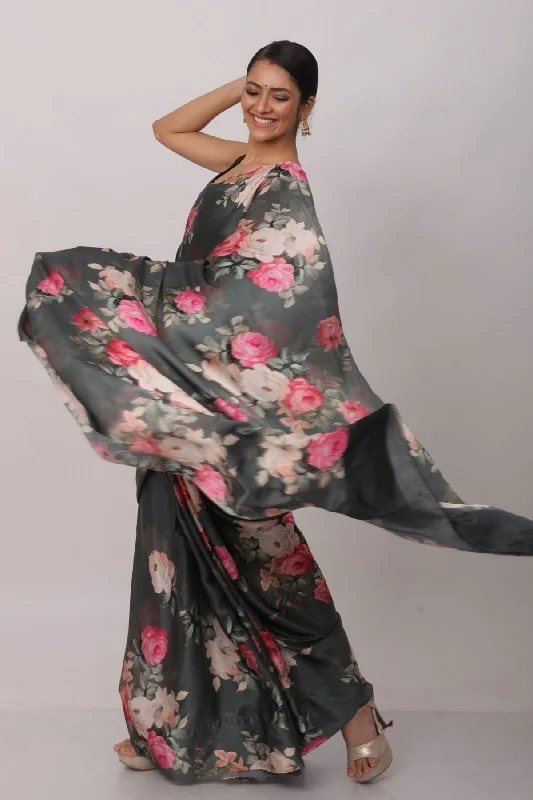 Sonakshi Black Digital Printed Pure Japan Satin Saree with Blouse Collared Satin Blouse Sonakshi Black Digital Printed Pure Japan Satin Saree with Blouse Collared Satin Blouse