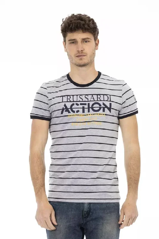 Gray Cotton Men T-shirt-- Ribbed Striped Patterned