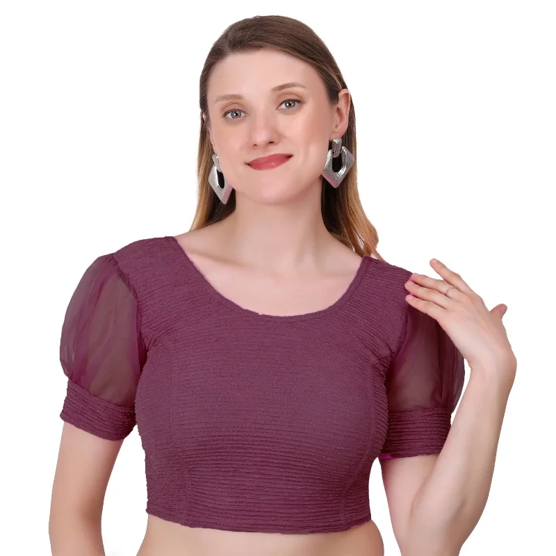 Vamika Cotton Lycra Stretchable Fabric Purple Balloon Sleeves Blouse Chic Off-Shoulder Blouse Vamika Cotton Lycra Stretchable Fabric Purple Balloon Sleeves Blouse Chic Off-Shoulder Blouse