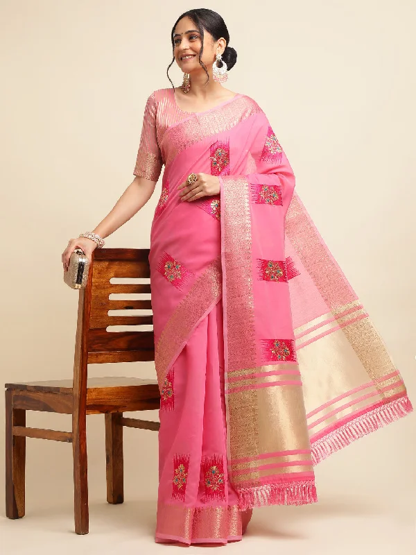 NOZ2TOZ Women's Party Wear Embroidery Worked Cotton Linen Saree With Unstitched Blouse - Pink Slim Fit Blouse NOZ2TOZ Women's Party Wear Embroidery Worked Cotton Linen Saree With Unstitched Blouse - Pink Slim Fit Blouse