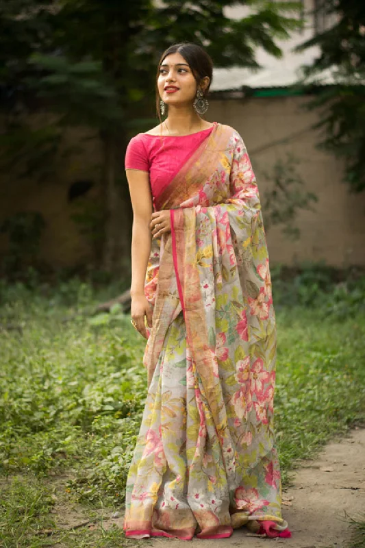 Sonakshi Multicolor Digital Printed Munnar Slub Designer Saree with Blouse Double Button Blouse Sonakshi Multicolor Digital Printed Munnar Slub Designer Saree with Blouse Double Button Blouse