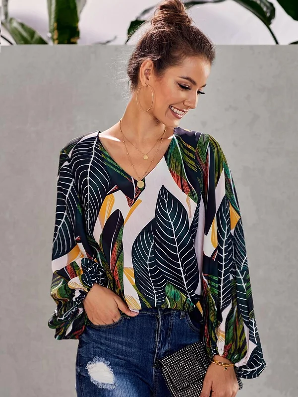 Tropical Print Bishop Sleeve Blouse Playful Puff Blouse