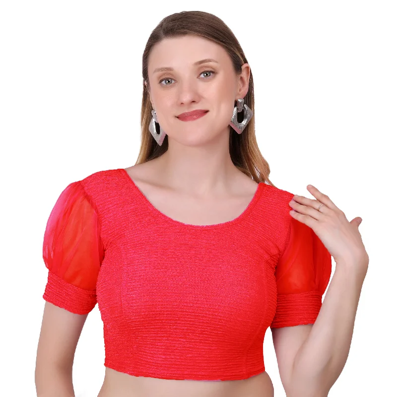 Vamika Cotton Lycra Stretchable Fabric Red Balloon Sleeves Blouse Casual Button Blouse Vamika Cotton Lycra Stretchable Fabric Red Balloon Sleeves Blouse Casual Button Blouse