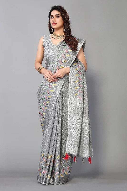 NOZ2TOZ Women's Party Wear Thread Embroidered Linen Cotton Saree With Unstitched Blouse - Grey Pastel Color Blouse NOZ2TOZ Women's Party Wear Thread Embroidered Linen Cotton Saree With Unstitched Blouse - Grey Pastel Color Blouse