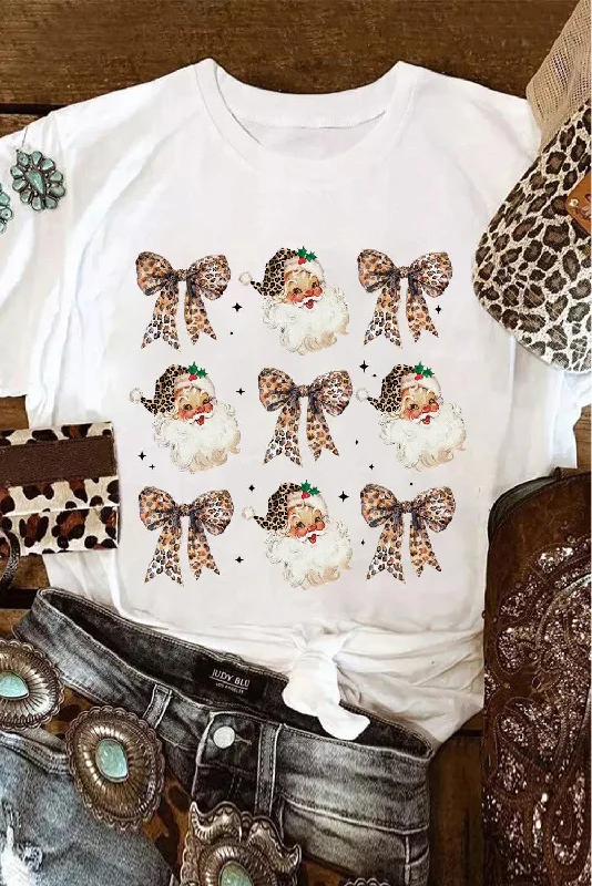White Santa Claus Leopard Bow Print Crew Neck Casual T Shirt-- Rayon Fabric Velvet Fabric Corduroy Fabric White Santa Claus Leopard Bow Print Crew Neck Casual T Shirt-- Rayon Fabric Velvet Fabric Corduroy Fabric