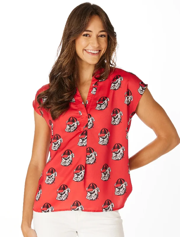 Stewart Simmons UGA Womens Poplin V-Neck Blouse Lightweight Chiffon Blouse