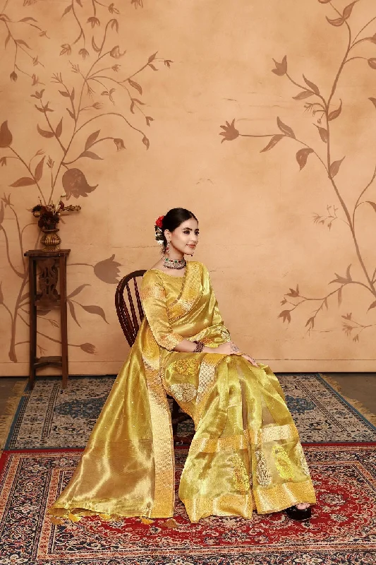 NOZ2TOZ Women's Party Wear Embroidery Worked Tissue Cotton Silk Saree With Unstitched Blouse - Golden Elegant Peplum Blouse NOZ2TOZ Women's Party Wear Embroidery Worked Tissue Cotton Silk Saree With Unstitched Blouse - Golden Elegant Peplum Blouse