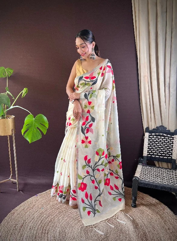 NOZ2TOZ Women's Party Wear Handloom Weaving Work Soft Cotton Saree With Unstitched Blouse - Cream Satin Bow Blouse NOZ2TOZ Women's Party Wear Handloom Weaving Work Soft Cotton Saree With Unstitched Blouse - Cream Satin Bow Blouse