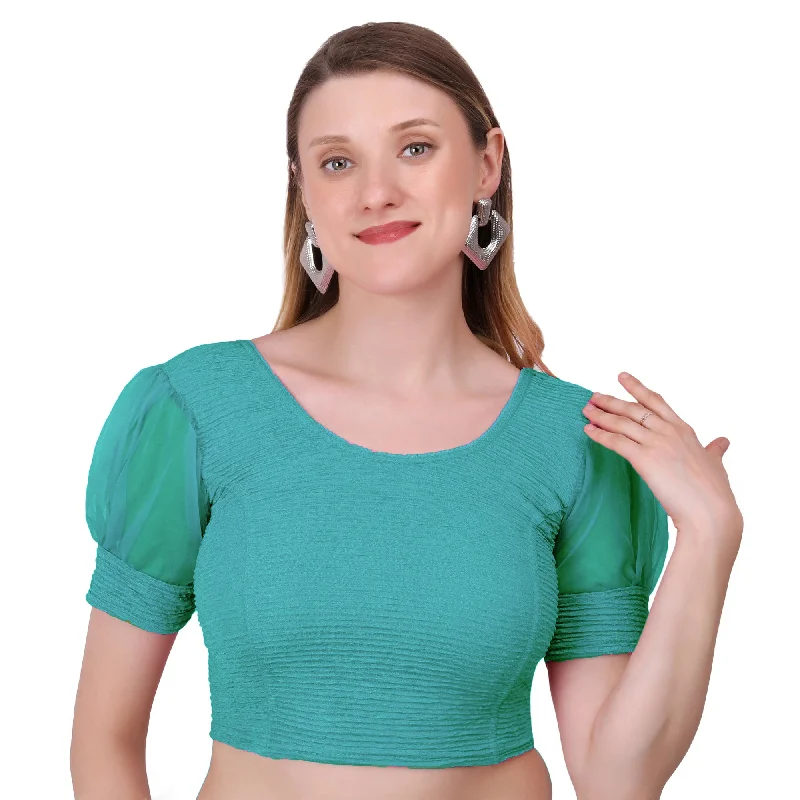 Vamika Cotton Lycra Stretchable Fabric Metalic Green Balloon Sleeves Blouse Semi-Sheer Blouse Vamika Cotton Lycra Stretchable Fabric Metalic Green Balloon Sleeves Blouse Semi-Sheer Blouse