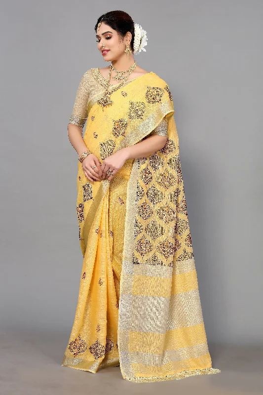 NOZ2TOZ Women's Party Wear Full Embroidery Worked Cotton Silk Saree With Unstitched Blouse - Yellow Satin Bow Blouse NOZ2TOZ Women's Party Wear Full Embroidery Worked Cotton Silk Saree With Unstitched Blouse - Yellow Satin Bow Blouse