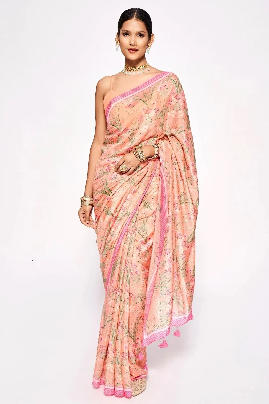 Sonakshi Peach Embroidery with Digital Printed Pure Chinon Designer Saree with Blouse Modern Work Blouse Sonakshi Peach Embroidery with Digital Printed Pure Chinon Designer Saree with Blouse Modern Work Blouse