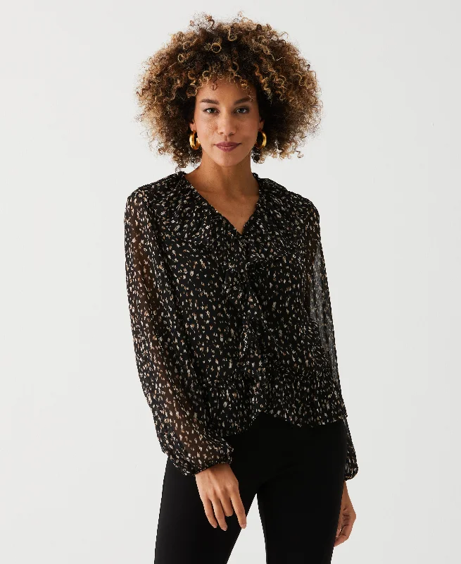 Animal Print V-Neck Ruffle Blouse Elegant Silk Blouse