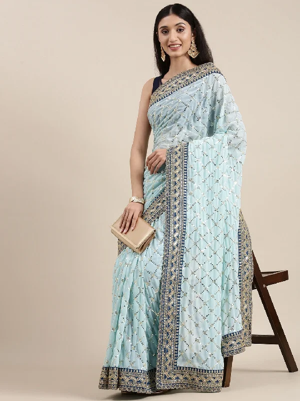 NOZ2TOZ Women's Party Wear Sequence Embroidery Worked Georgette Saree With Unstitched Blouse - Sky Blue Casual Relaxed Blouse NOZ2TOZ Women's Party Wear Sequence Embroidery Worked Georgette Saree With Unstitched Blouse - Sky Blue Casual Relaxed Blouse