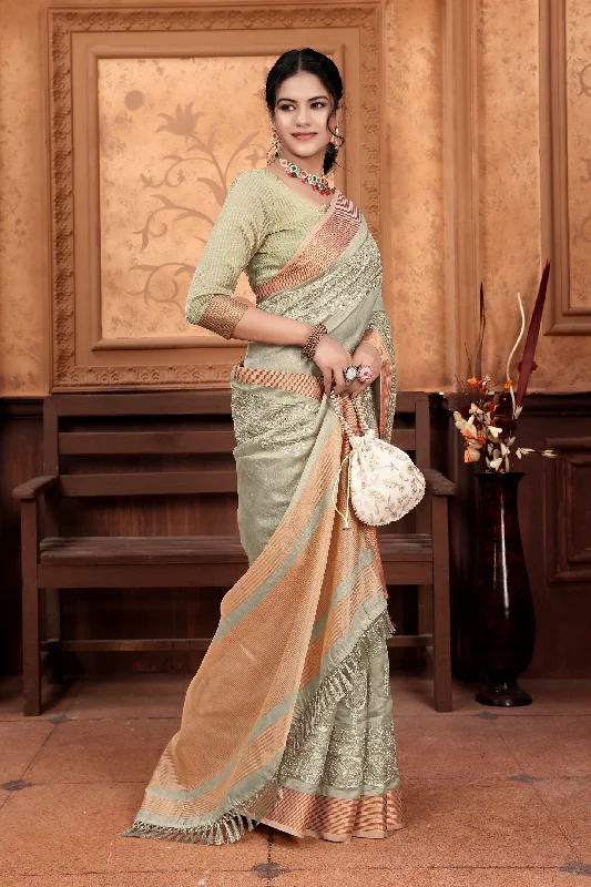 NOZ2TOZ Women's Party Wear Embroidery Worked Cotton Saree With Unstitched Blouse - Cream Double Button Blouse NOZ2TOZ Women's Party Wear Embroidery Worked Cotton Saree With Unstitched Blouse - Cream Double Button Blouse