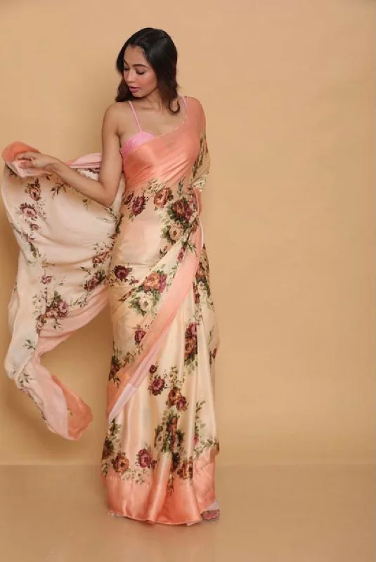 Sonakshi Peach Digital Printed Pure Japan Satin Saree with Blouse Elegant Peplum Blouse