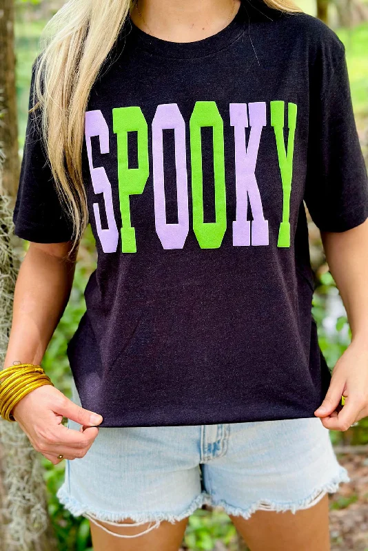 Black SPOOKY Graphic Crew Neck Halloween T Shirt-- Casual Formal Business