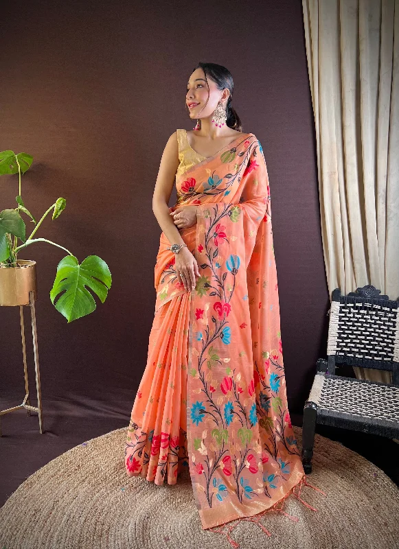 NOZ2TOZ Women's Party Wear Handloom Weaving Work Soft Cotton Saree With Unstitched Blouse - Orange Modern Work Blouse NOZ2TOZ Women's Party Wear Handloom Weaving Work Soft Cotton Saree With Unstitched Blouse - Orange Modern Work Blouse