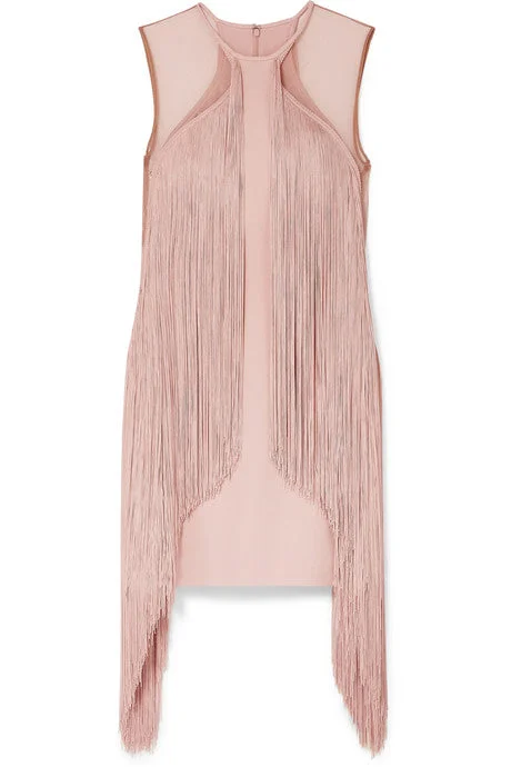 Tulle-paneled fringed stretch-cady mini dress Casual Button-Up Mini Dress