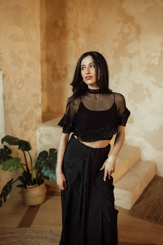 BLR1020 Kai Black Silk Chiffon Cape and Blouse Sheer Sleeve Blouse