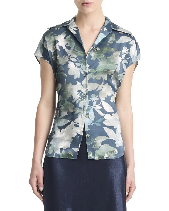 Vince Shimmer Lake Ruched Silk Blouse Loose Fit Blouse