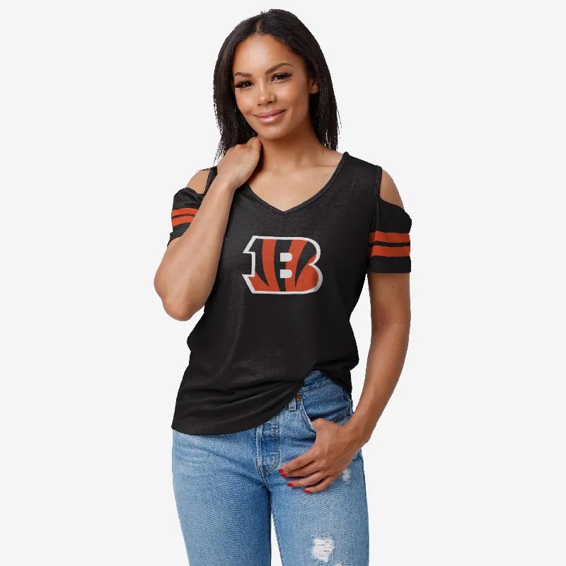 Cincinnati Bengals Womens Cold Shoulder T-Shirt-- Print Jacquard Patchwork