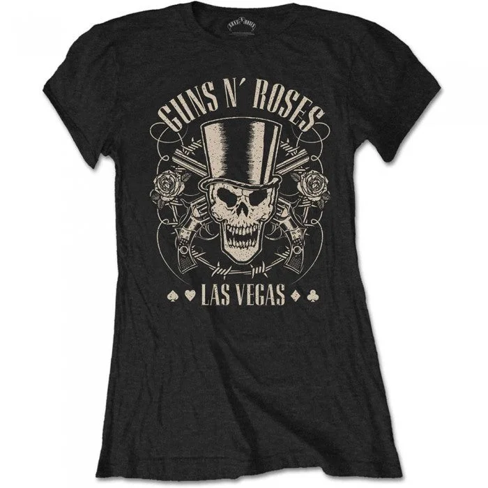 Guns N Roses Womens/Ladies Top Hat, Skull & Pistols Las Vegas T-Shirt-- Spandex Blend Rayon Blend Denim Blend Guns N Roses Womens/Ladies Top Hat, Skull & Pistols Las Vegas T-Shirt-- Spandex Blend Rayon Blend Denim Blend